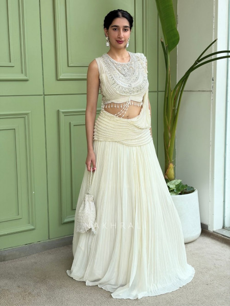 Pearlcrest White Indo Western Lehenga Set with Pearl Stone Work