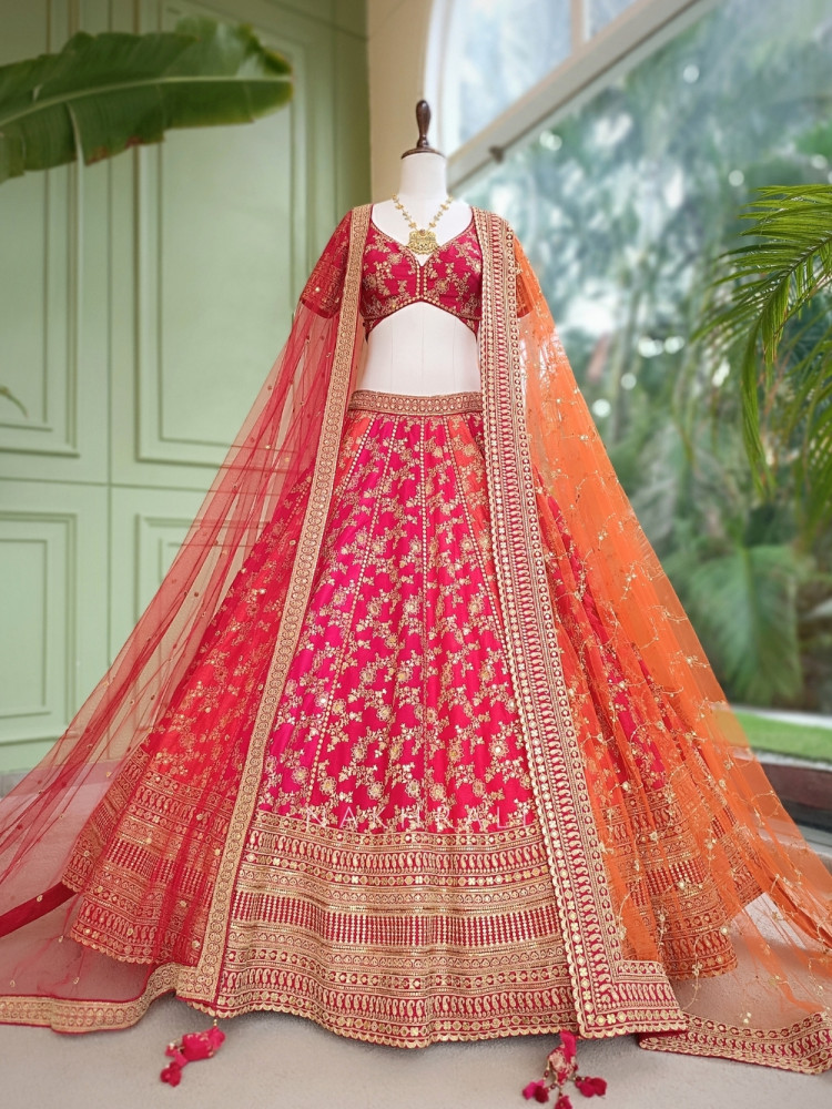 Image of Meera Jodha Red Silk Georgette Bridal Lehenga With Zari &amp; Sequin Floral Jaal Work