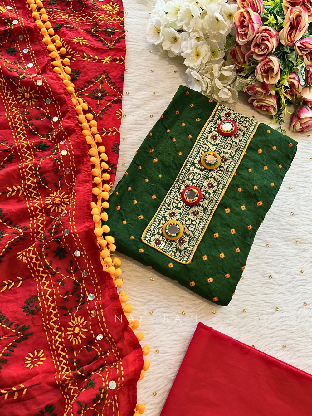 cotton mirror work dress materials Cotton Thread Khatli Mirror work Bandhani Dress Material Unstitched / Green