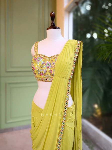 Aarika Lime Glow Gharara Drape Saree with Embroidery and Sequin Work