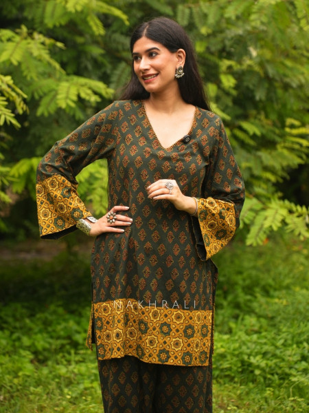 Barkha Green Cotton Block Print Kurti with Farsi Salwar Set