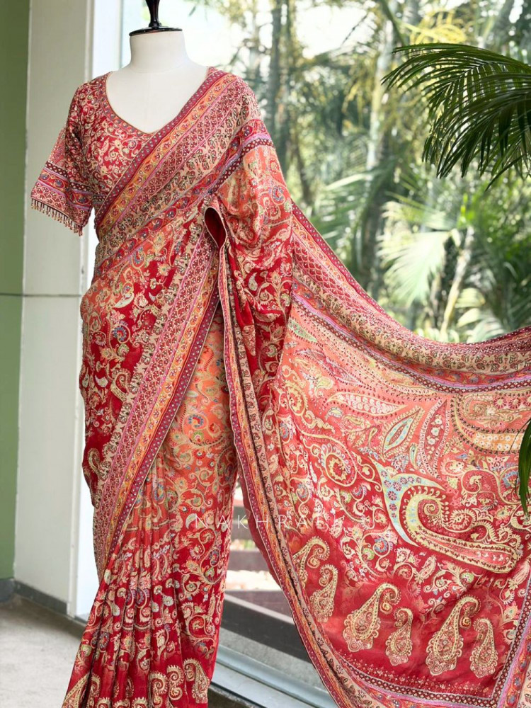 Image of Paisley Printed Red Saree with Stone Embellished Readymade Blouse