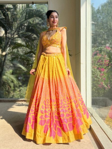 Ishara Yellow Sequin Lehenga Set with Floral Cut Dana Work