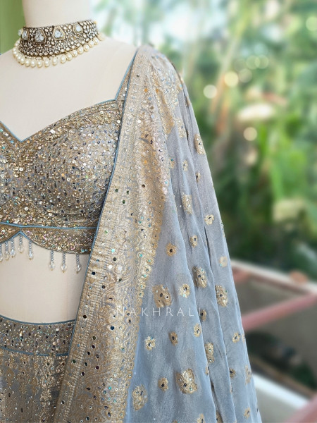 Sterling Bloom Grey Banarasi Brocade Silk Lehenga