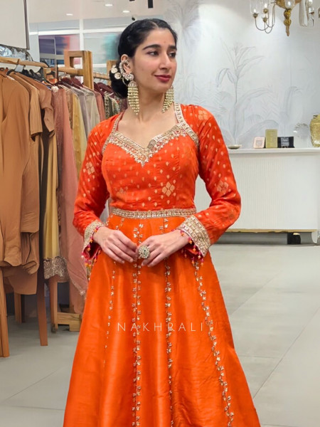 Aarunya Orange Anarkali Set with Mirror & Gota Embroidery