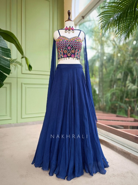 Azure Blue Georgette Indo Western Lehenga with Thread and Mirror Work