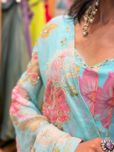 Ever Bloom Soft Firozi Floral Georgette Anarkali Suit Set