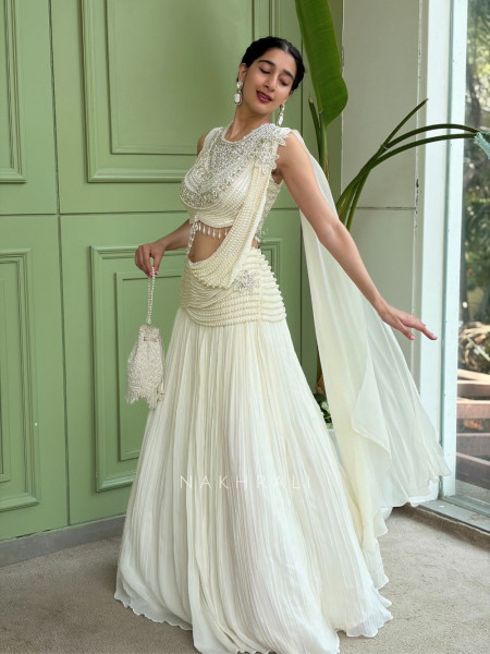 Pearlcrest White Indo Western Lehenga Set with Pearl Stone Work