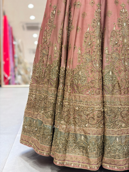 Gul-ru Peach Short Kurti Lehenga Set With Zardozi & Kundan Work