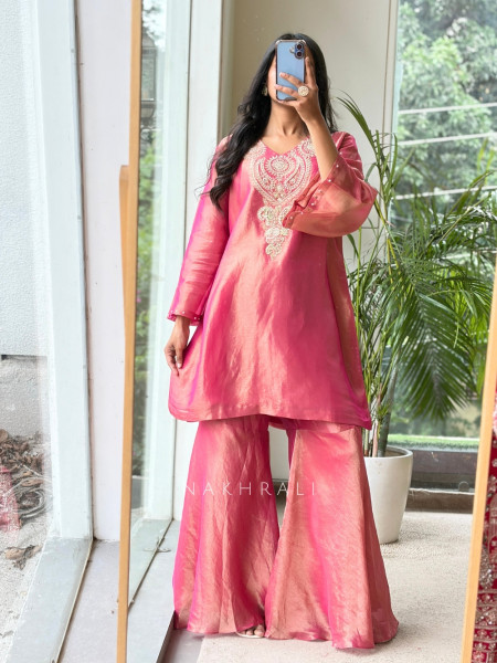 Mrida Pink Chanderi Tissue Silk Sharara Suit Set