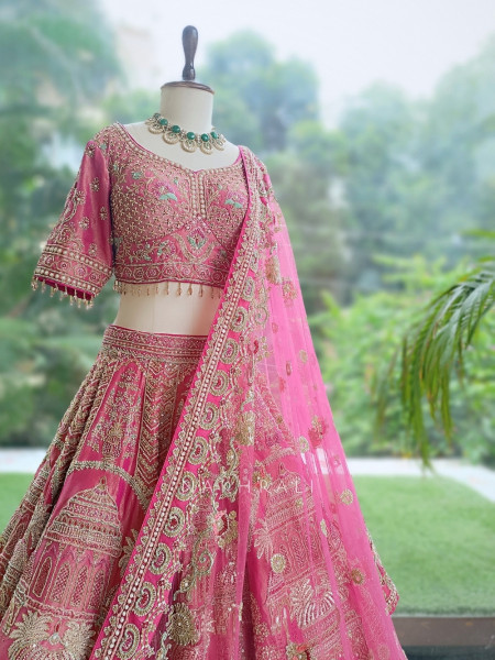 Rajgulab Pink Raw Silk Bridal Lehenga Set
