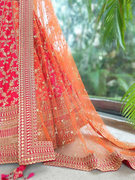 Meera Jodha Red Silk Georgette Bridal Lehenga With Zari & Sequin Floral Jaal Work