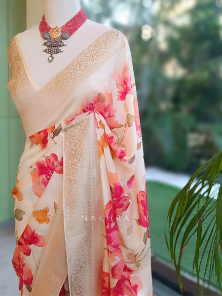 Rose-Vance Cream Georgette & Banarasi Silk Saree