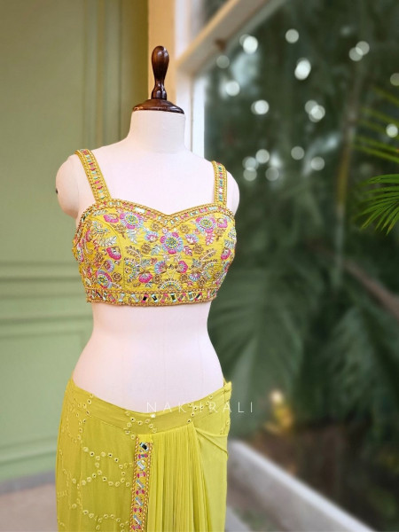 Aarika Lime Glow Gharara Drape Saree with Embroidery and Sequin Work