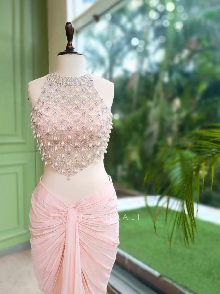 Ruched Light Pink Halter Neck Crop Top Skirt Set with Cut Dana, Pearl and Bead Work
