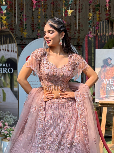 Roselia Pink Net Bridal Lehenga with  Handwork