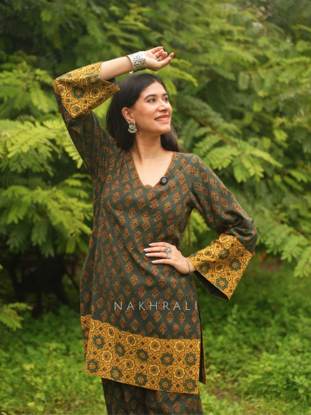 Barkha Green Cotton Block Print Kurti with Farsi Salwar Set