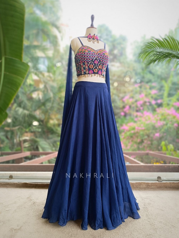 Image of Azure Blue Georgette Indo Western Lehenga with Thread and Mirror Work