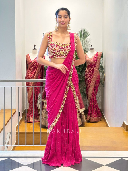 Iraaya Magenta Gharara Drape Saree with Mirror & Sequin Work