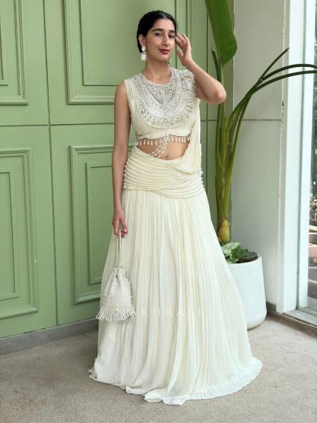 Pearlcrest White Indo Western Lehenga Set with Pearl Stone Work