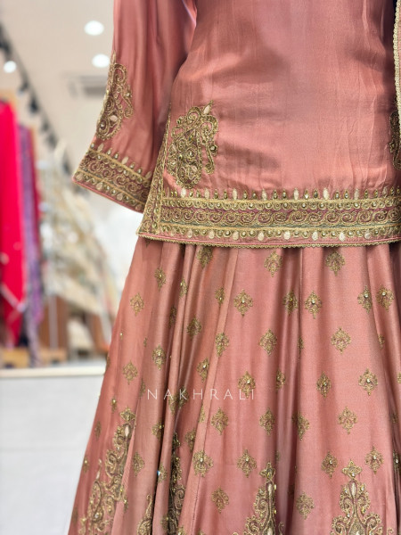 Gul-ru Peach Short Kurti Lehenga Set With Zardozi & Kundan Work