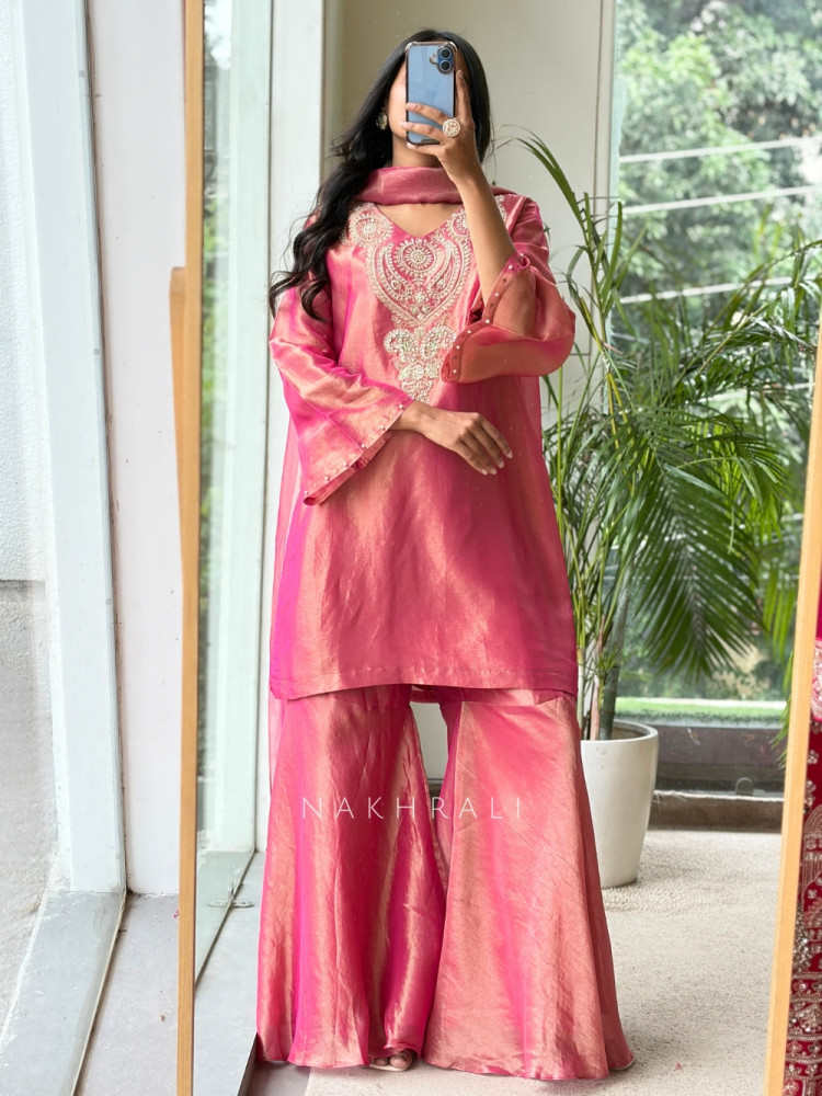 Image of Mrida Pink Chanderi Tissue Silk Sharara Suit Set