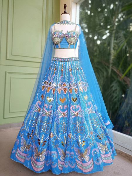 Ophira Blue Lehenga with Sequin, Pearl, and Mirror Work