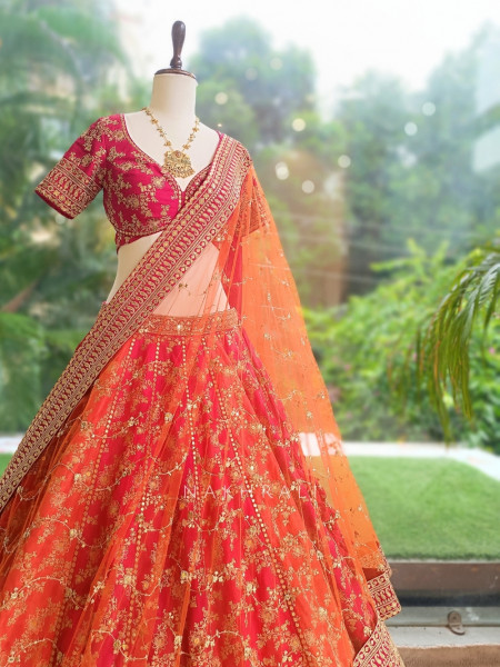Meera Jodha Red Silk Georgette Bridal Lehenga With Zari & Sequin Floral Jaal Work