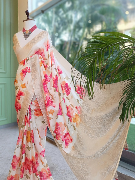 Rose-Vance Cream Georgette & Banarasi Silk Saree