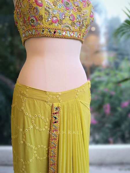 Aarika Lime Glow Gharara Drape Saree with Embroidery and Sequin Work