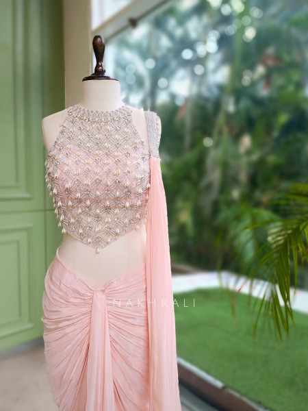 Ruched Light Pink Halter Neck Crop Top Skirt Set with Cut Dana, Pearl and Bead Work