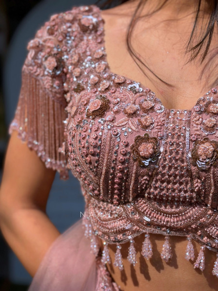 Roselia Pink Net Bridal Lehenga with  Handwork