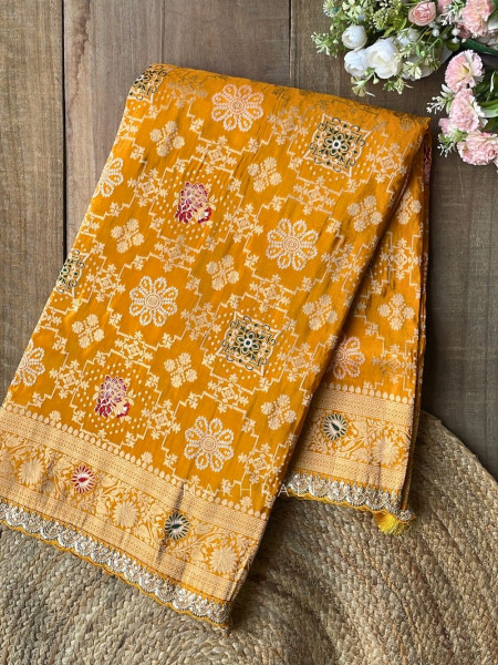 Anant Bindu Yellow Bandhani Print Saree with Sequin Border