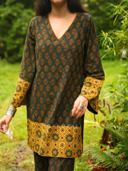 Barkha Green Cotton Block Print Kurti with Farsi Salwar Set