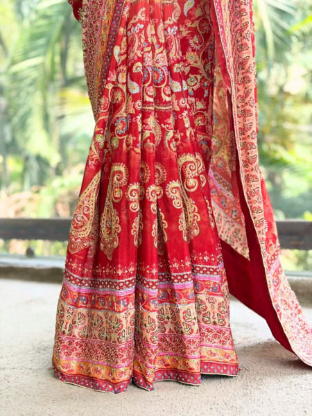 Paisley Printed Red Saree with Stone Embellished Readymade Blouse