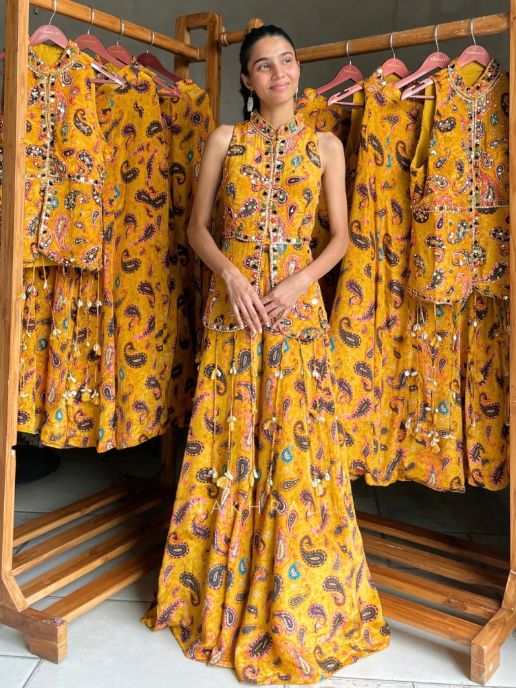 Image of Ila Teal Mustard Indo-Western Palazzo Set