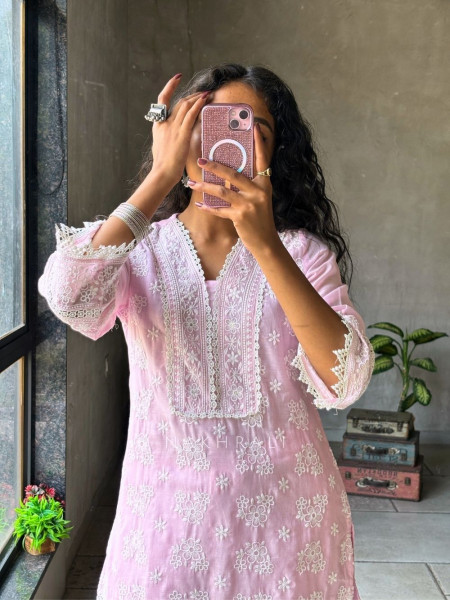 Mirelle Pink  Co-ord Set with Lace Embroidery