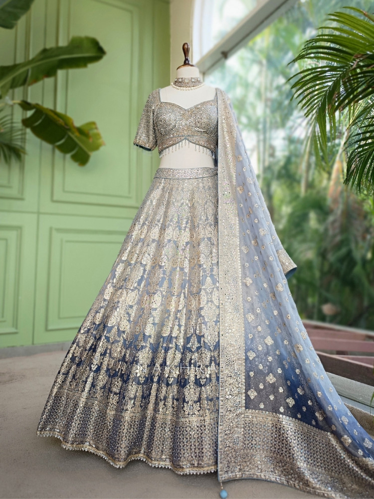 Image of Sterling Bloom Grey Banarasi Brocade Silk Lehenga