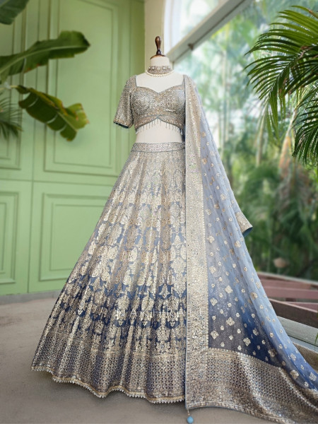 Sterling Bloom Grey Banarasi Brocade Silk Lehenga
