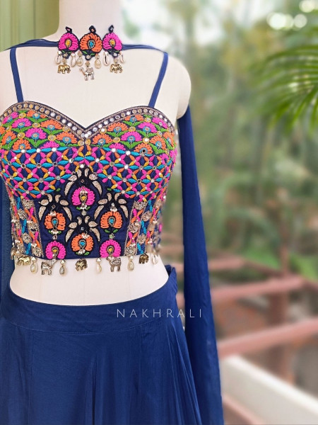 Azure Blue Georgette Indo Western Lehenga with Thread and Mirror Work