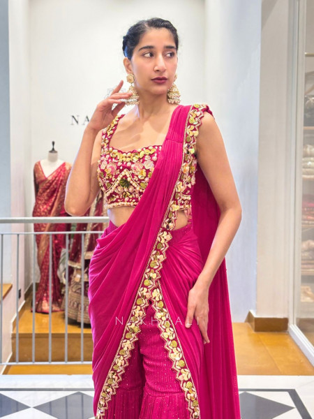 Iraaya Magenta Gharara Drape Saree with Mirror & Sequin Work