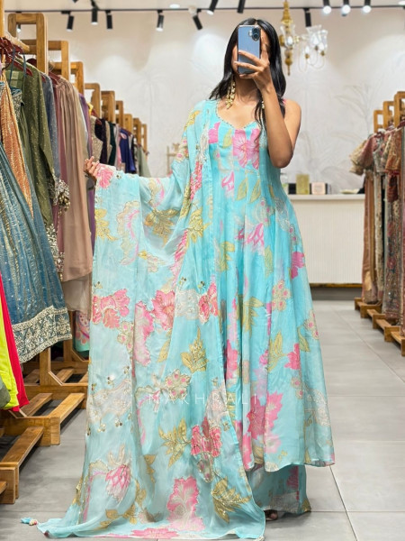 Ever Bloom Soft Firozi Floral Georgette Anarkali Suit Set