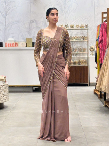 Ethereal Brown Drape Saree with Sequin & Cut Dana Blouse