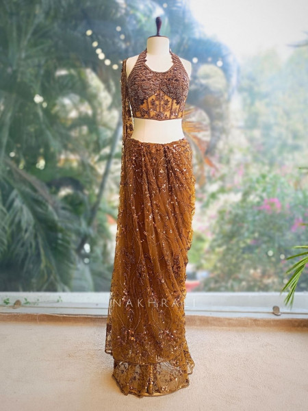 Amber Gleam Net Drape Saree with Sequin and Cut Dana Work