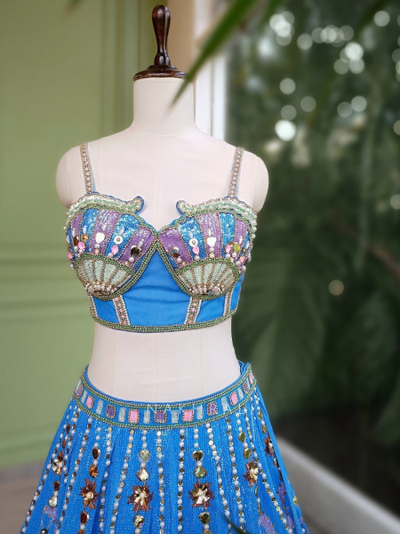 Ophira Blue Lehenga with Sequin, Pearl, and Mirror Work