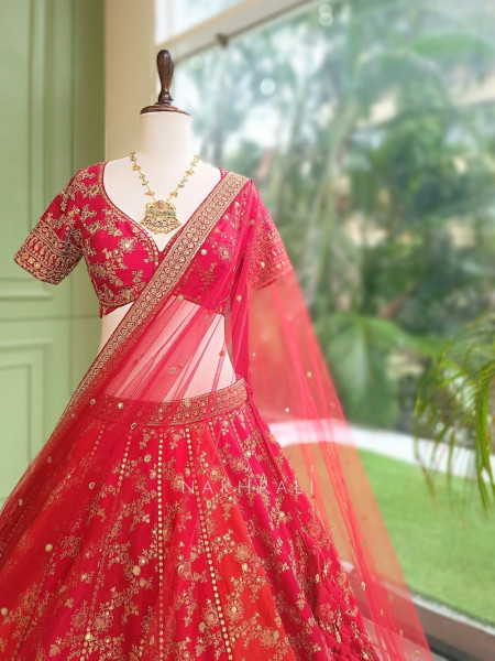 Meera Jodha Red Silk Georgette Bridal Lehenga With Zari & Sequin Floral Jaal Work