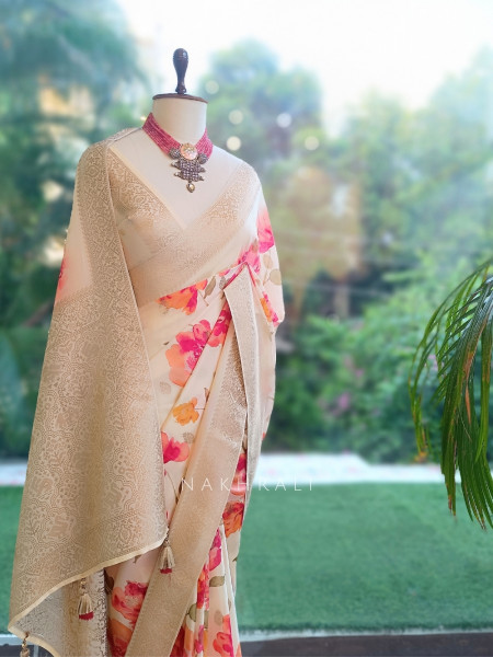 Rose-Vance Cream Georgette & Banarasi Silk Saree