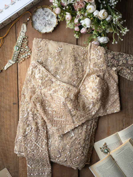 Begum Bahar Cream Net Saree with Sequin and Cut Work