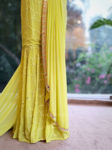 Aarika Lime Glow Gharara Drape Saree with Embroidery and Sequin Work