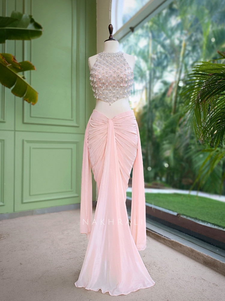Image of Ruched Light Pink Halter Neck Crop Top Skirt Set with Cut Dana, Pearl and Bead Work